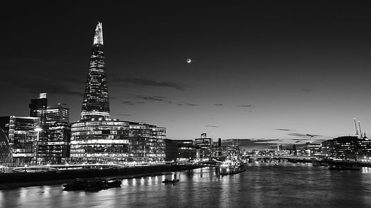 buildings, capital, england, grey scale, london, moon, night