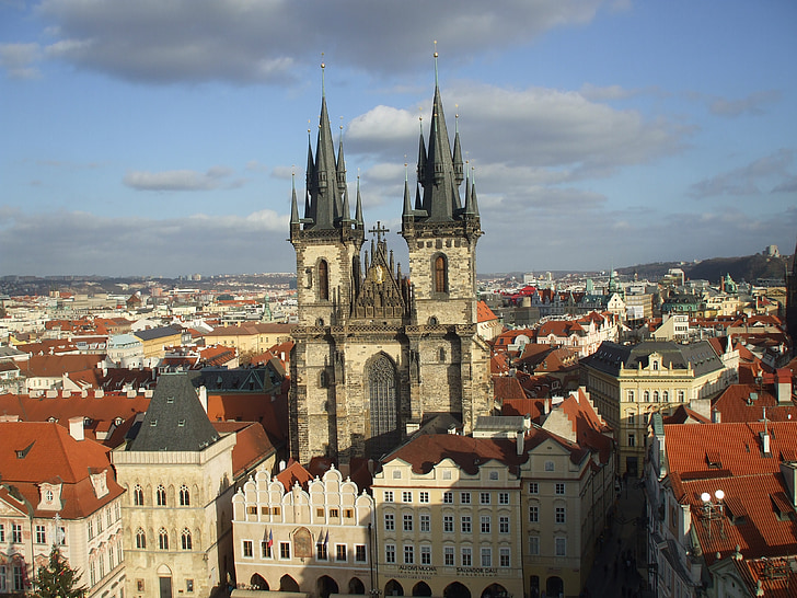 Прага, Европа, град, Църква, архитектура, градски пейзаж, покрив
