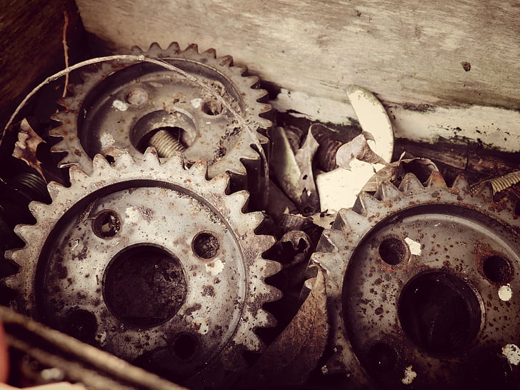 gears, old stuff, junk, rusty metal, rustic