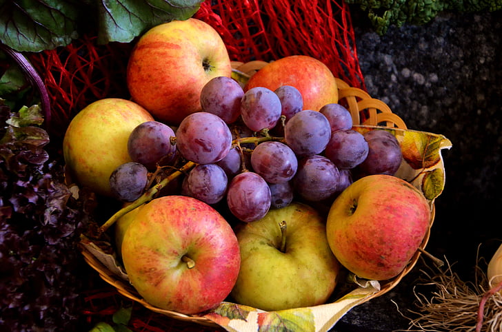 fruta, cesta de frutas, uvas, Apple, uvas rojas, Frisch, madura