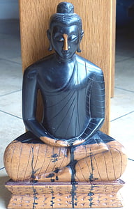 Buddha, staty, trä, konsistens, skulptur