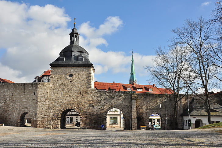 Mühlhausen, Thuringia Alemania, Frauentor, Muralla de la ciudad, cielo, Spire, casco antiguo