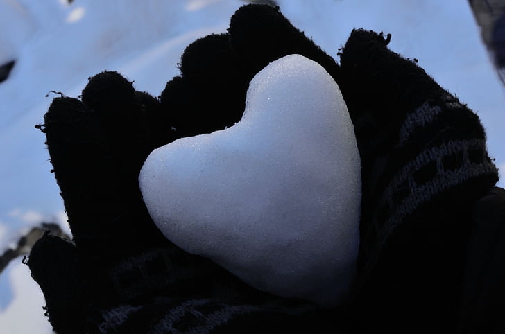 heart, snowball, gloves, winter, hands, love, symbol