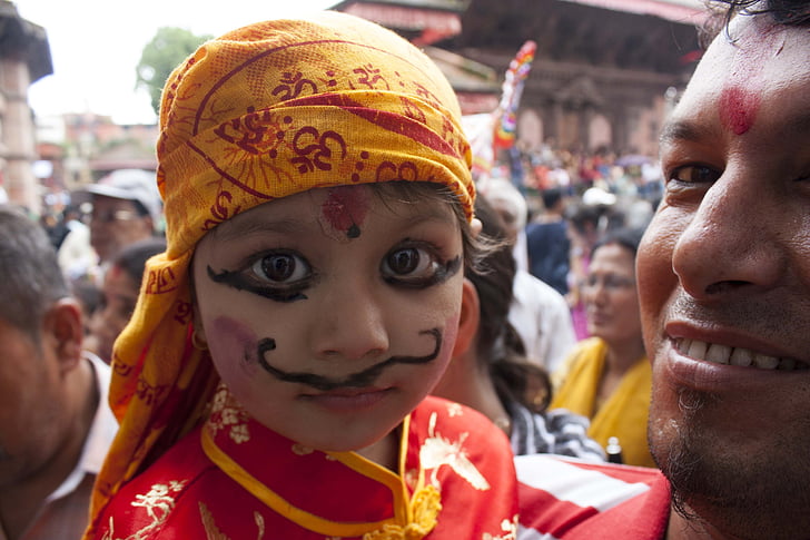 cultuur, Festival, Gai jatra, Nepal, make-up, kind, culturen