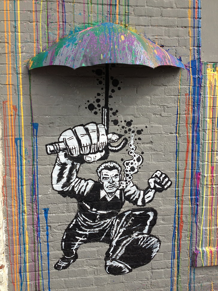 graffiti, Richmond, autóbusz-állomás, falfestmény, esernyő, Art, eső