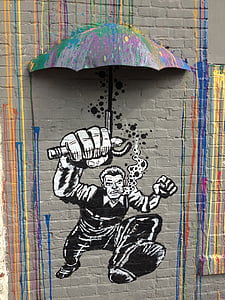graffiti, Richmond, busstation, muurschildering, paraplu, kunst, regen