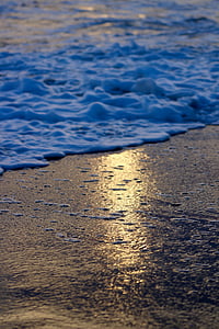 sun, beach, wave, sea, sand, sunset, reflection