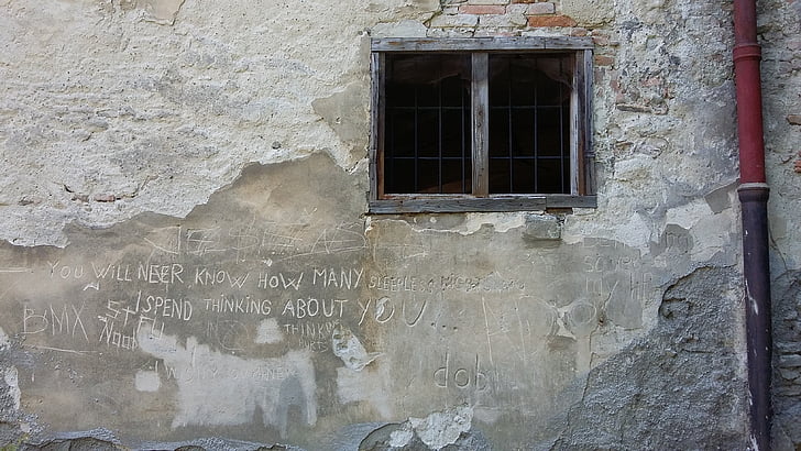 steno, okno, napisi, stari, ošarpané, steno - zunanja oblika stavbe, arhitektura