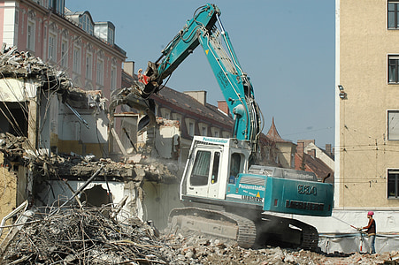 crash, site, crane, water, construction workers, gutting, building