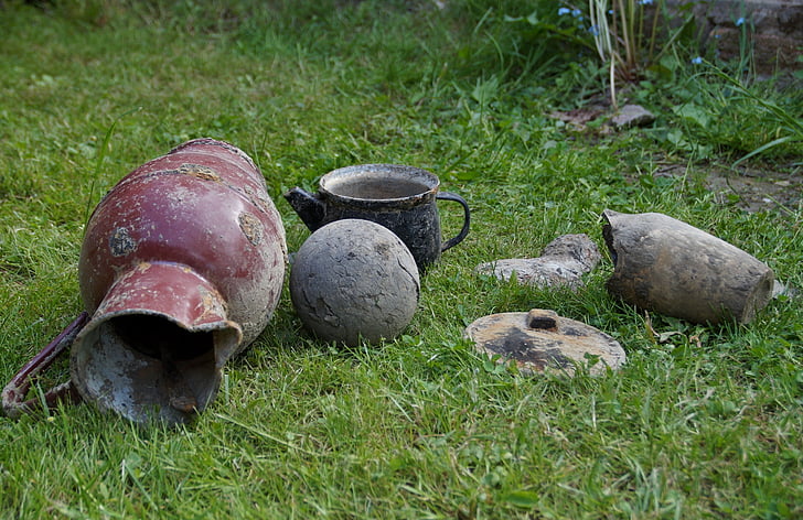 junk, find, old, iron collection, grass