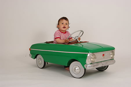 小型驱动程序, 儿童踏板车, 复古车, 绿色驾驶室, 儿童, 小, 可爱
