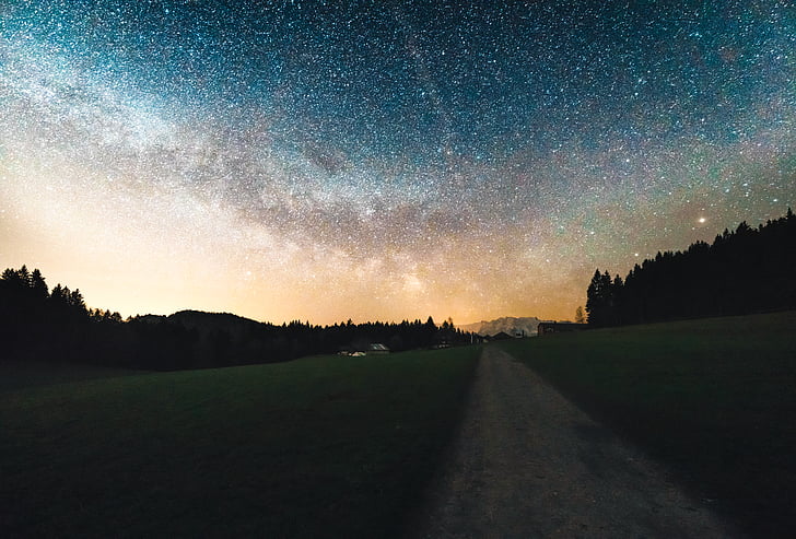 Evren, toprak yol, doğa, gece, siluet, gökyüzü, yıldız