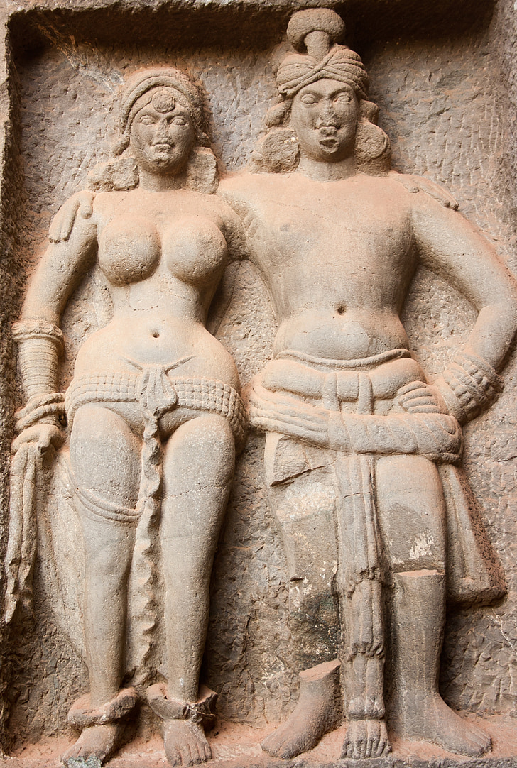 karla caves, stone carvings, statues, male, female, figures, indian