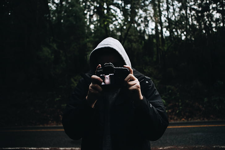 camera, forest, man, outdoors, person, photographer, trees