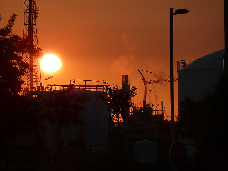 factory, plant, smoke, sun, refinery