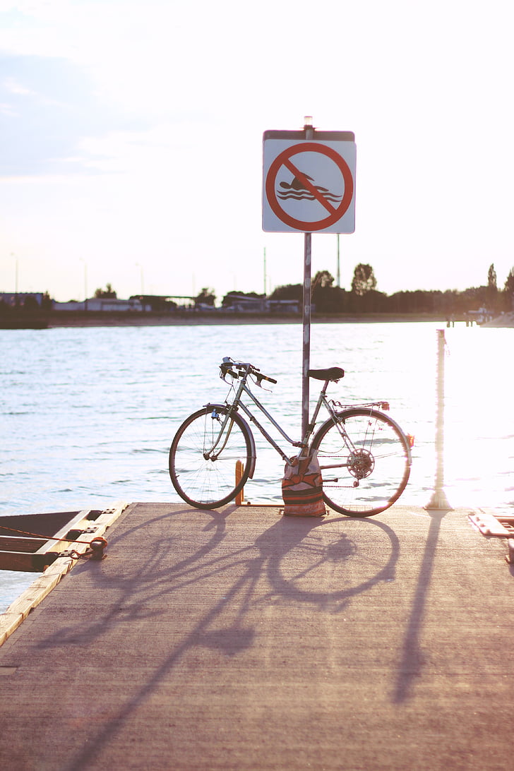 bicycle, bike, sunset, sign, water, lake, river
