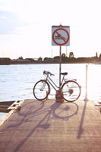 bicicleta, bicicleta, pôr do sol, sinal, água, Lago, Rio