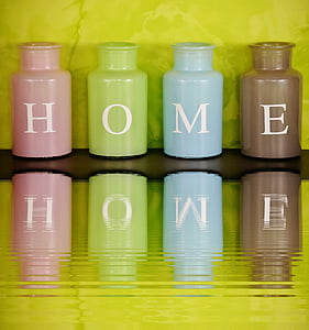 hjem, Hjemme, vaser, farverige, spejling, vand, glas