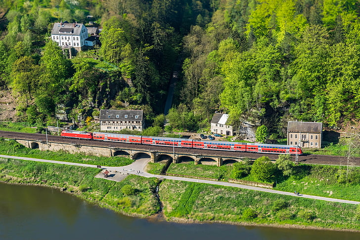 železnice, Labe, viadukt, miniaturní, Most, Saské Švýcarsko, vlakem