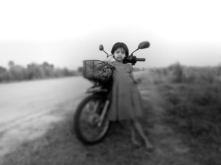 girl, motorcycle, motorbike, child, infant, black and white, asian