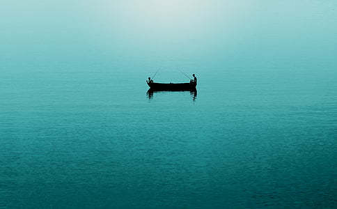 silhouet, foto, man, boot, visserij, diep, blauw