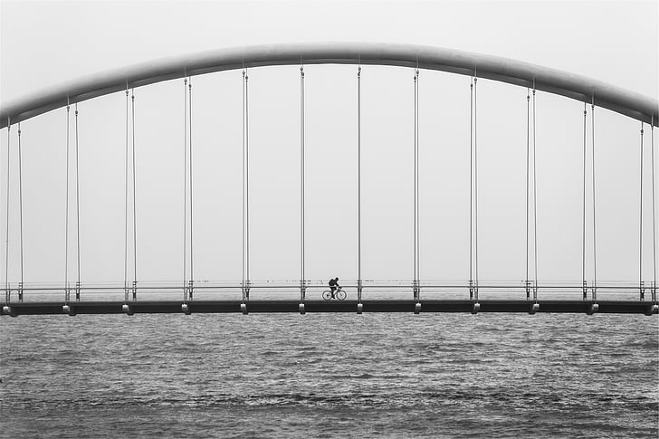 person, biking, bridge, grayscale, photograph, architecture, cyclist