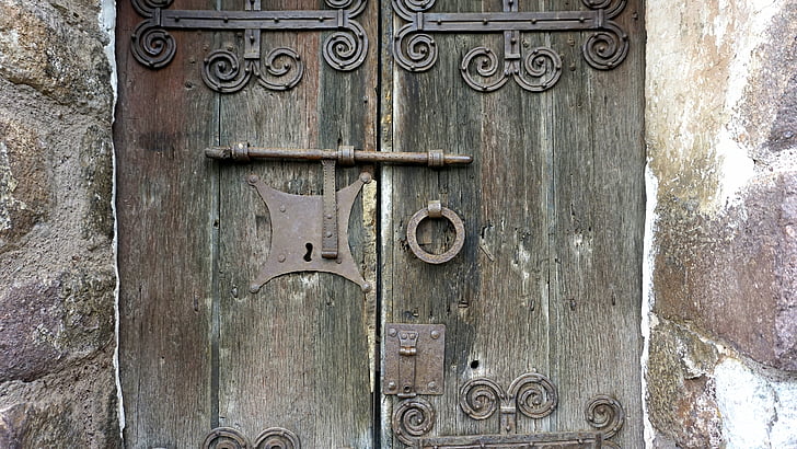 πόρτα, παλιά, ξύλο, ιστορικό, aldaba, κλειδαριά, μεσαιωνική