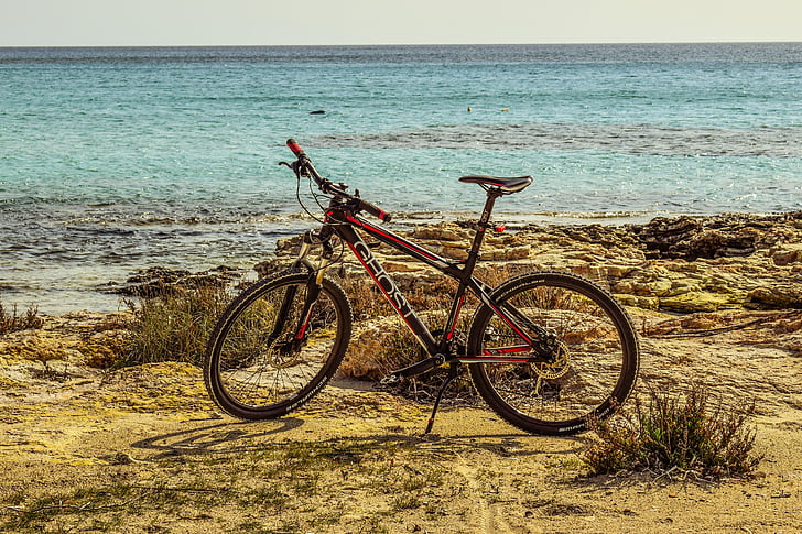 bicycle, bike, sport, beach, sea, horizon, adventure