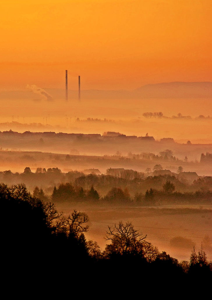 Kraków, öster, morgon, dimma, landskap, soluppgång, solnedgång