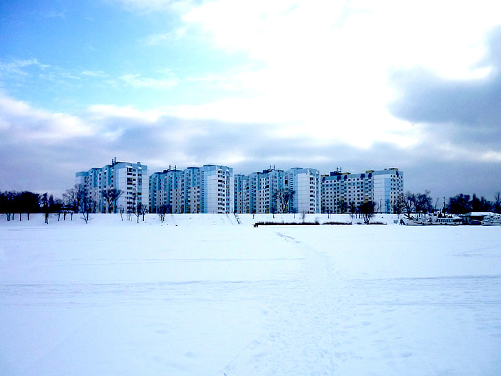 città, Volga, luminoso, blu, nuvole, cielo, fiume