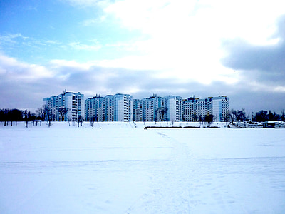 ciutat, Volga, brillant, blau, núvols, cel, riu