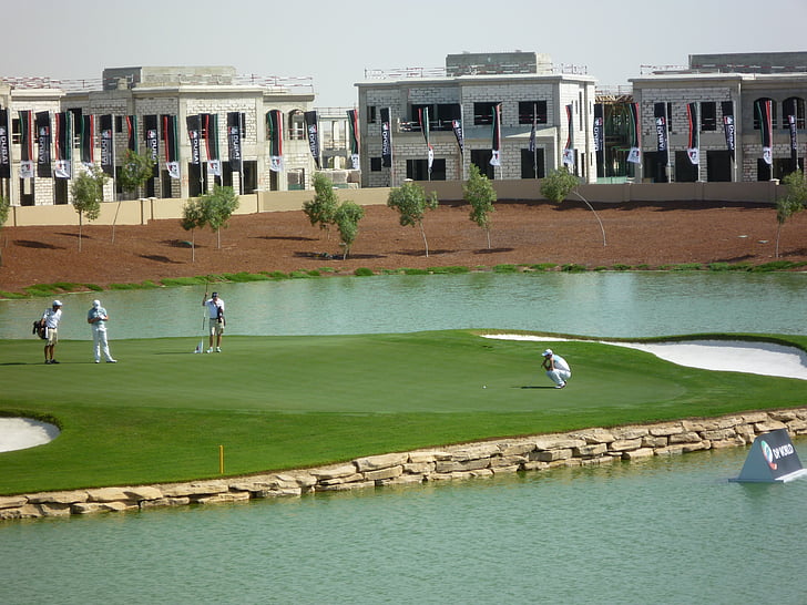 Golf, Dubai, drapeau, herbe, cours, vert, trou