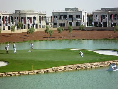 Golf, Dubai, zászló, fű, tanfolyam, zöld, lyuk