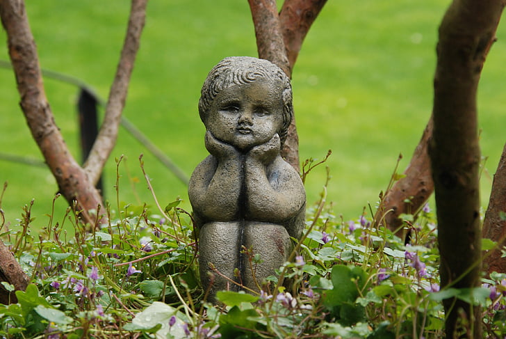 image, statue, brass, child, art, work of art, garden