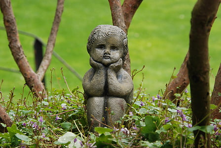 imagen, estatua de, latón, niño, arte, obra de arte, jardín