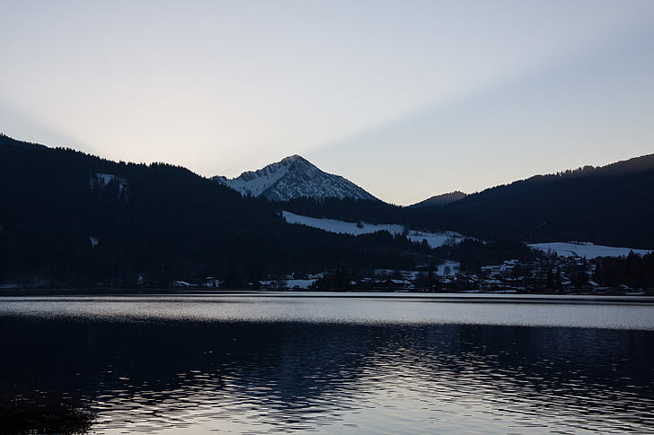 Lac, montagnes, Panorama, Banque, Sky, eau, bleu