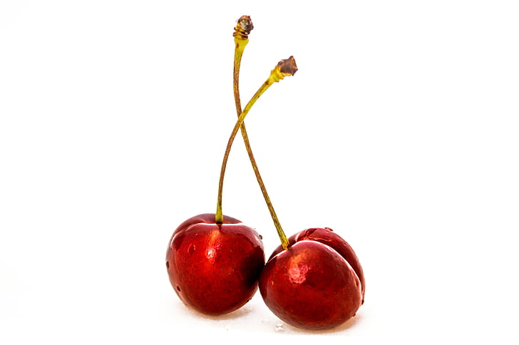 two, red, cherries, food, fruits, graphic, stem