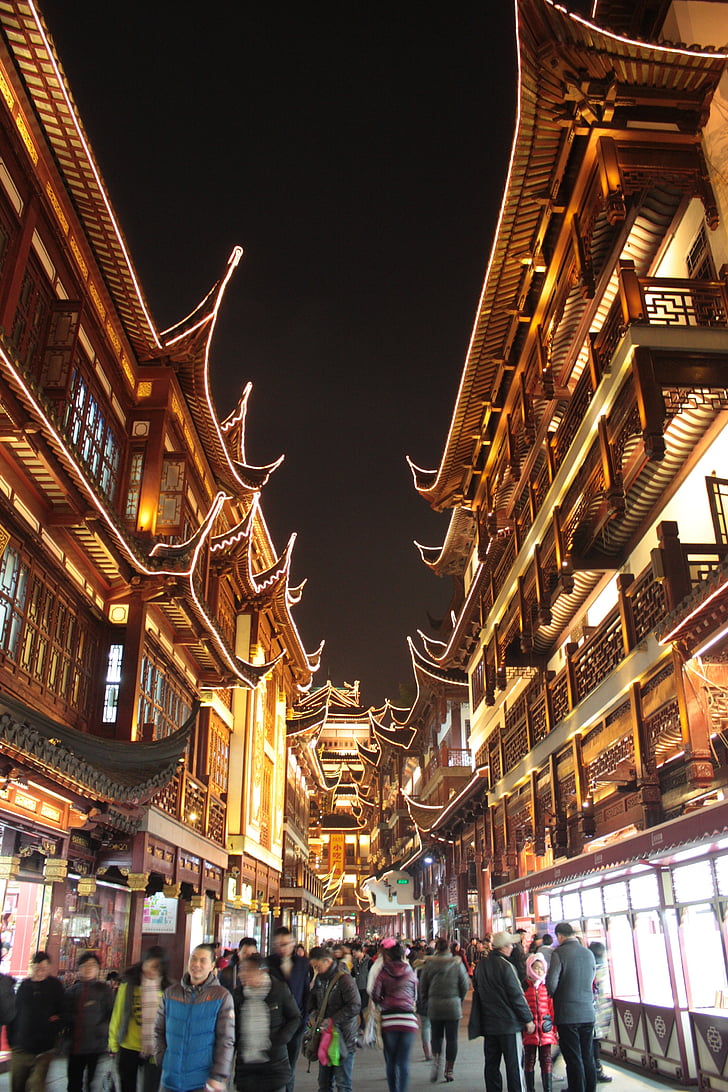 Xangai, à noite, cidade velha, China, iluminado