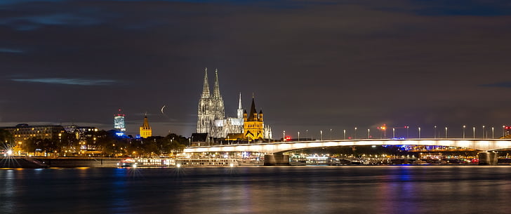 Dom, Colònia, punt de referència, Rin, nit, Catedral de Colònia, l'església