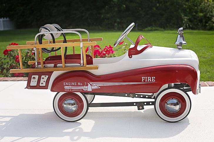 fire truck, child's fire engine, red, fire-engine, toy, vintage, car