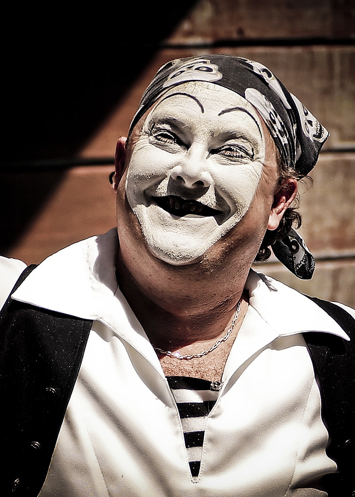 clown, mime, face, expression, makeup, smile, actor