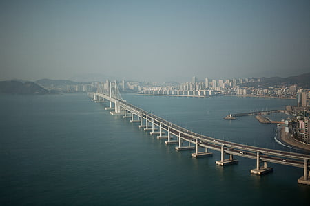 puente, paisaje, Busan, Puente de Gwangan, mar, Playa de Haeundae