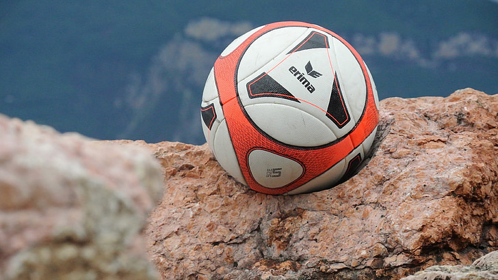 ball, football, lake, rock