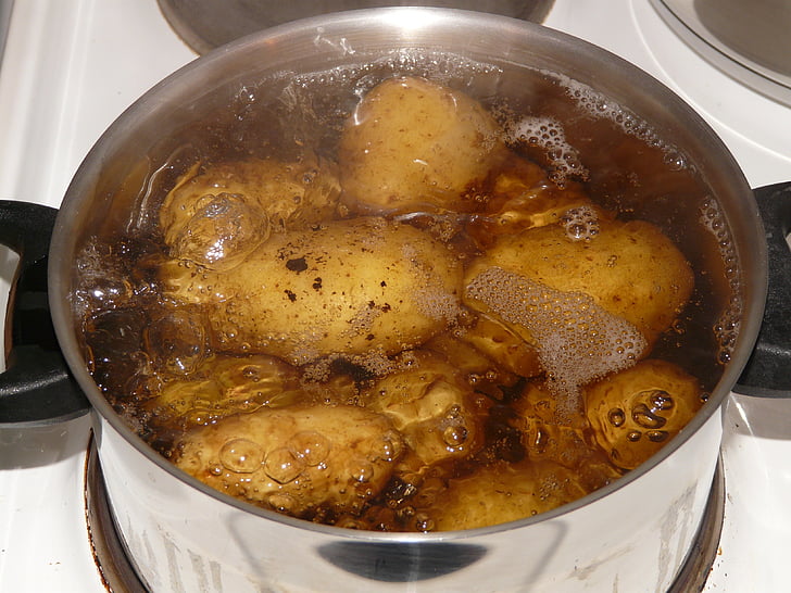 cook, potatoes, cooking pot, water, stove, hotplate, eat