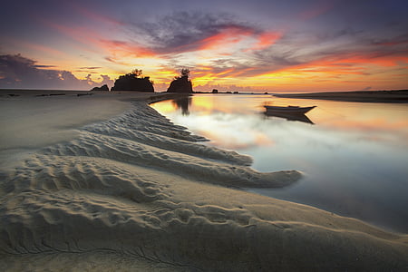 strand, boot, landschap, natuur, Oceaan, reflectie, zand