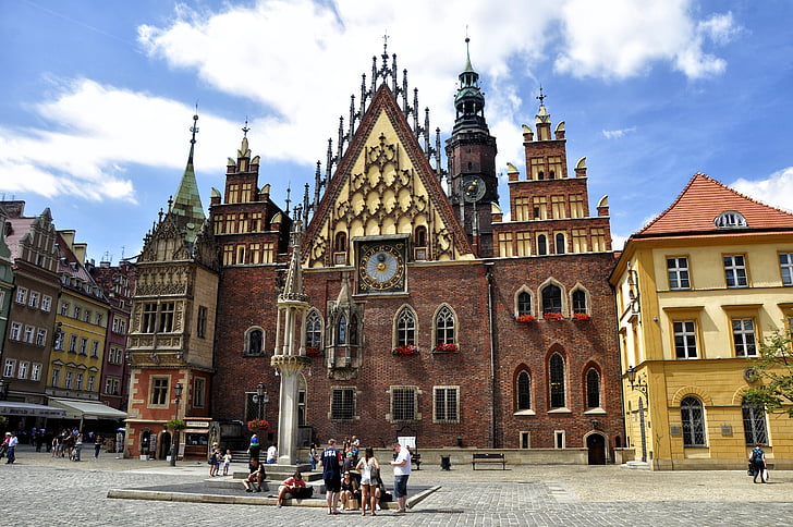 Wrocław, Alsó-Szilézia, építészet, színes házak, utca, Lengyelország, műemlékek