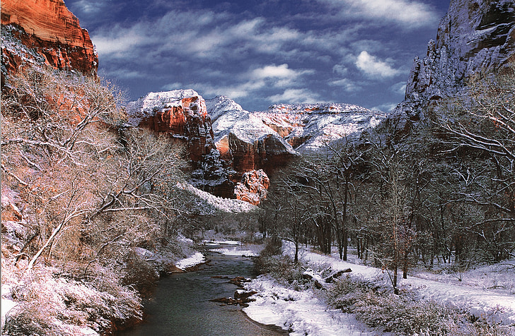 Virgin river, Zion national park, kaya, Utah, ABD, Kanyon, Kış