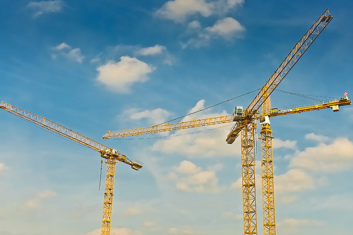 cranes, construction, build, site, baukran, sky, construction work