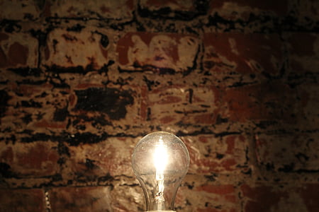 sienos, elektros lemputė, idėja, plyta, pramonės, šviečiantys, uždarose patalpose
