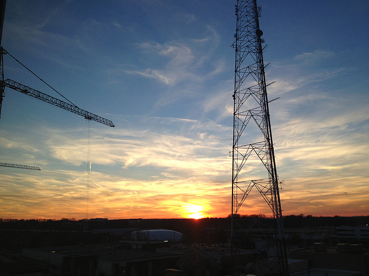 sunset, antenna, crane, sky, evening